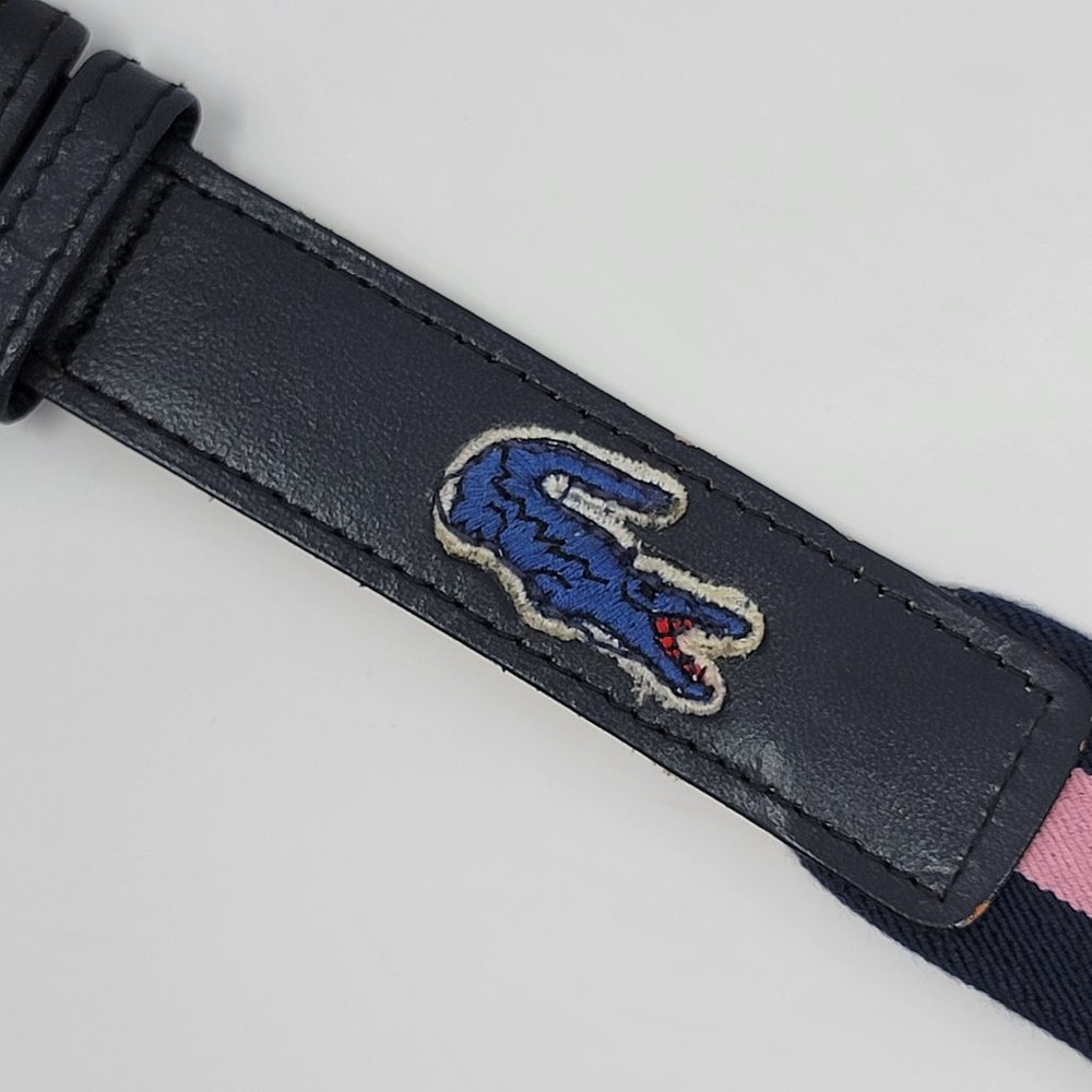 Vintage Lacoste Alligator Navy Blue and Pink Stripe Elastic Leather Belt - Picture 9 of 12